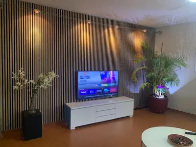 Una televisión o centro de entretenimiento en jardin vista mar