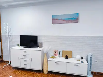 Una televisión o centro de entretenimiento en Bonito y elegante loft